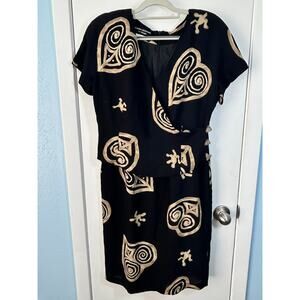 Vintage Donna Morgan Dress Size 12 Faux Wrap Tribal Hearts Boho Whimsigoth